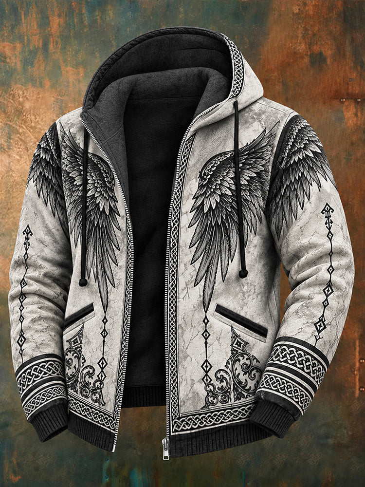 Men's Vintage Tribal Wings Pattern Casual Zip-up Hooded Sweatshirt