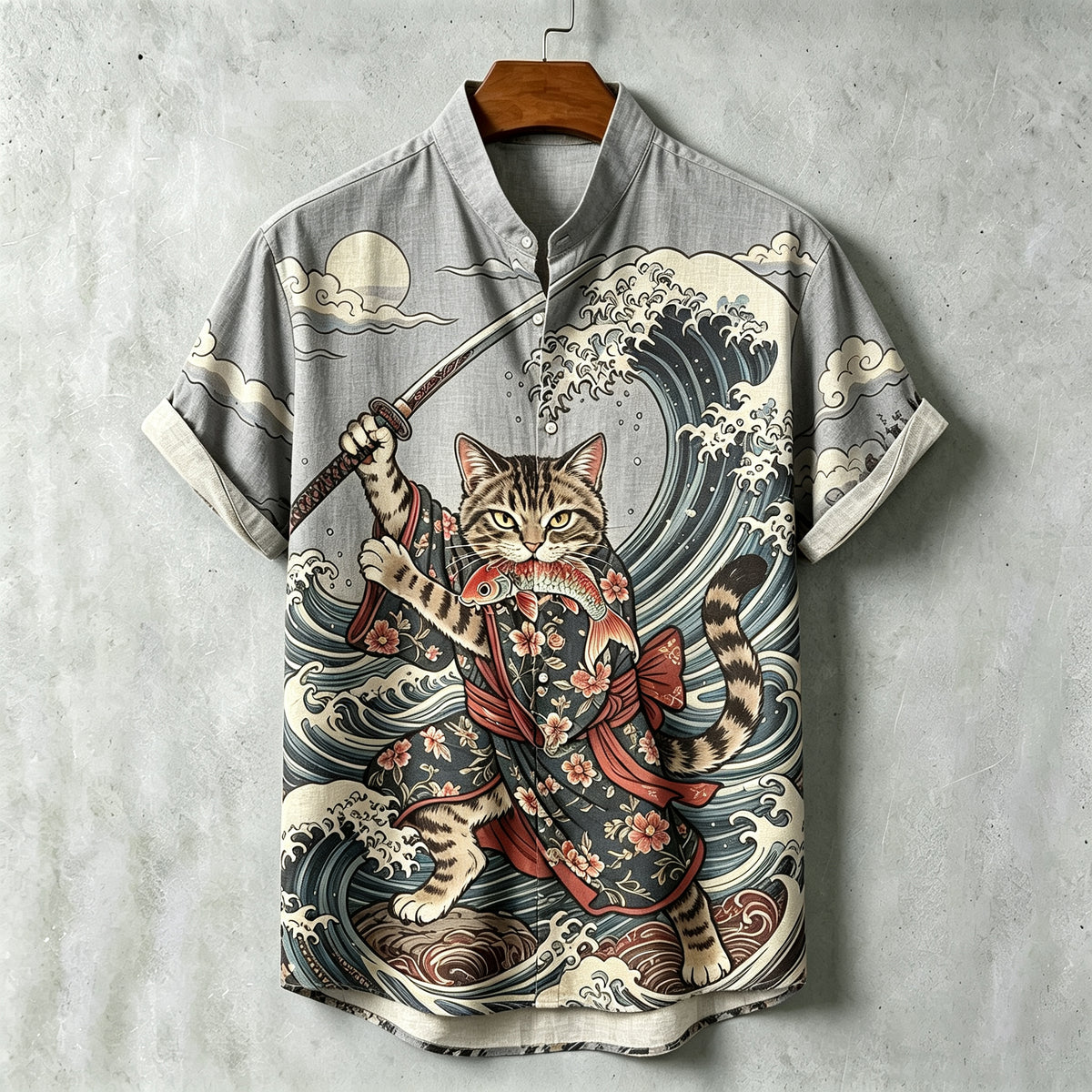 Men's Samurai Wave Print Short-sleeve Cotton Linen Shirt