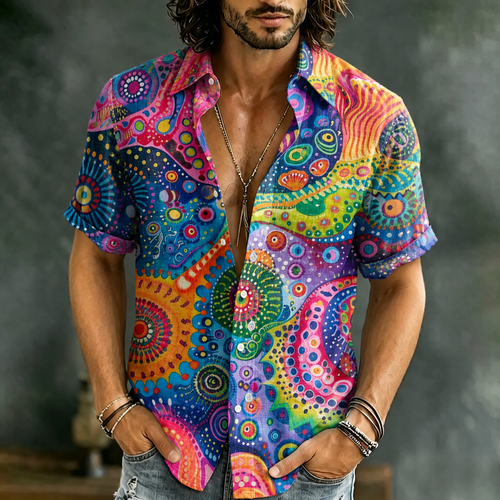 Men's Colorful Octopus Tentacle Fish Retro Art Print Linen Blend Short-sleeved Shirt