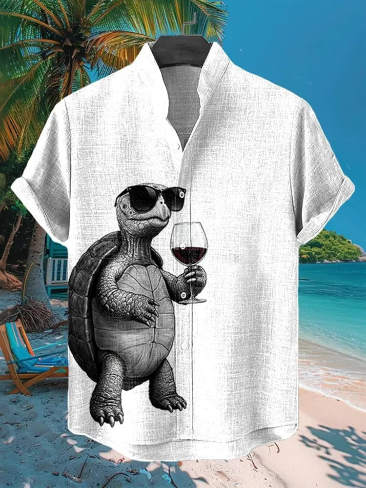 Men's Retro Turtle Pattern Linen Short-sleeve Shirt