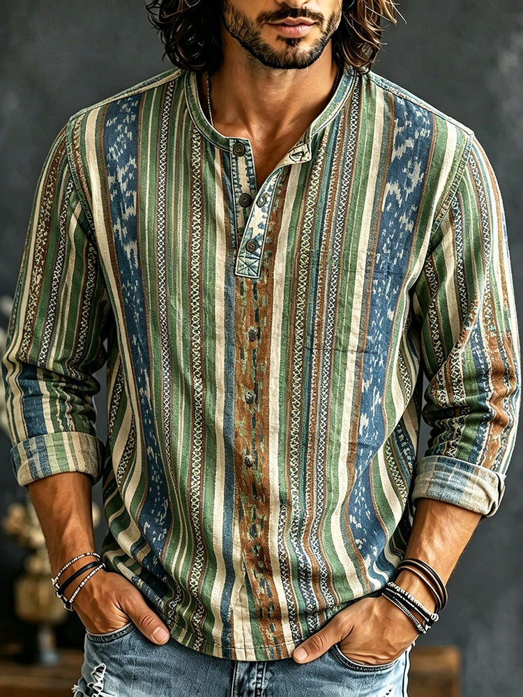Men's Ethnic Retro Striped Print Long-sleeved Linen Top