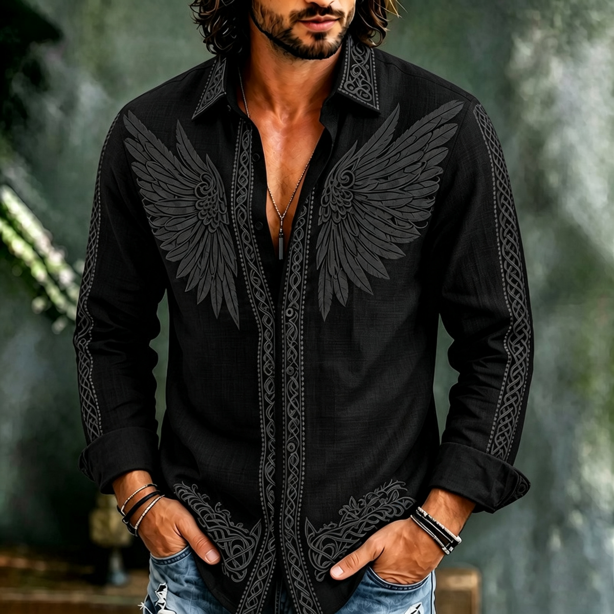 Men's Retro Spring Summer Viking Tribal Jacquard Wings Inspired Art Flowy Linen Blend Shirt
