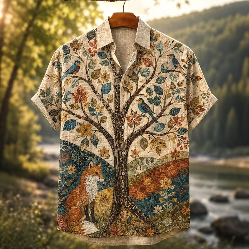 Men's Retro Bohemia Fox In Fall Forest Graphic Print Short Sleeve Shirt