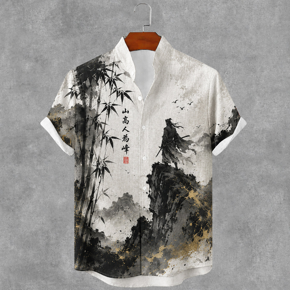 Men's Japanese Art Print Short Sleeve Casual Shirt