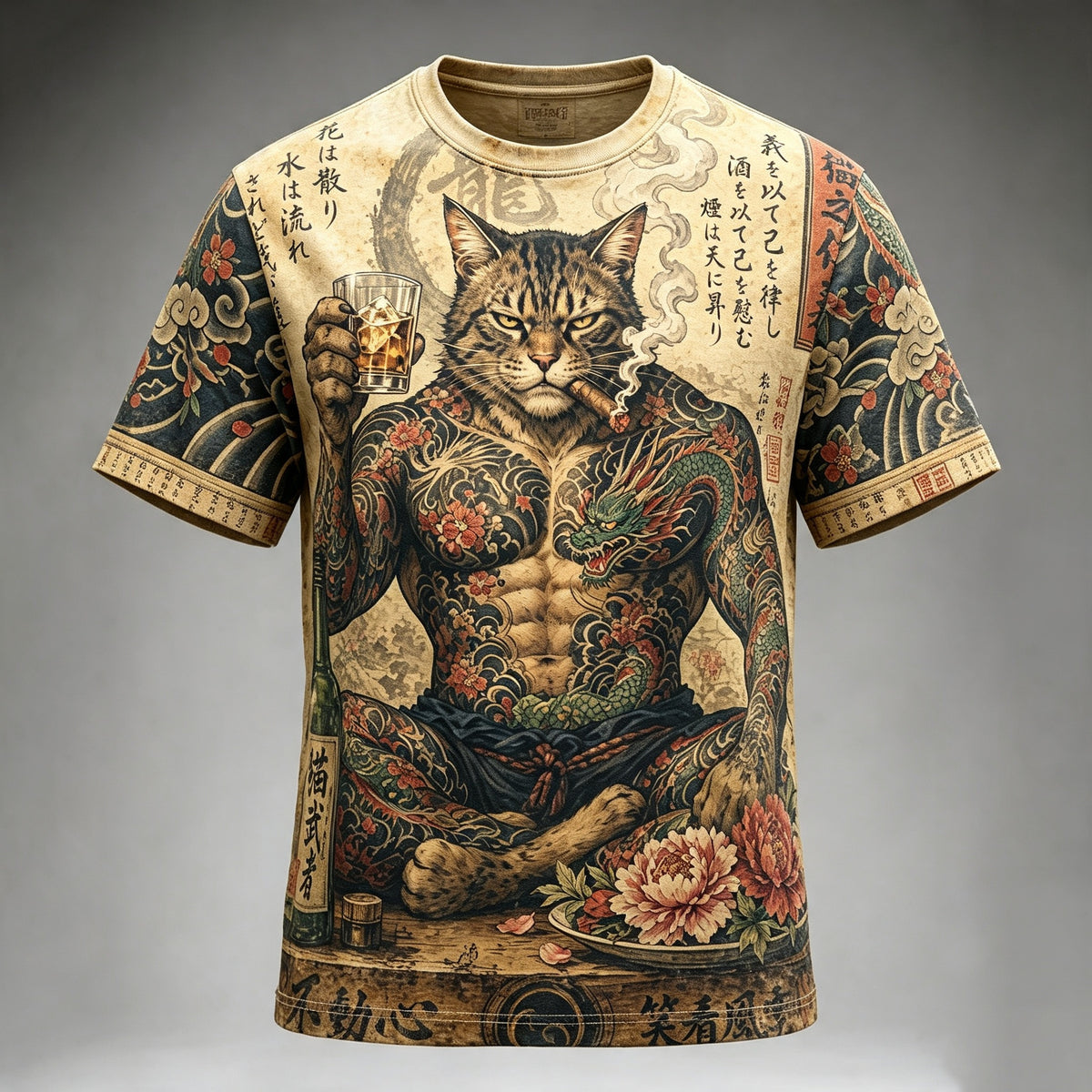 Men's Retro Japanese Cat Art Print Crew Neck Short Sleeve T-shirt