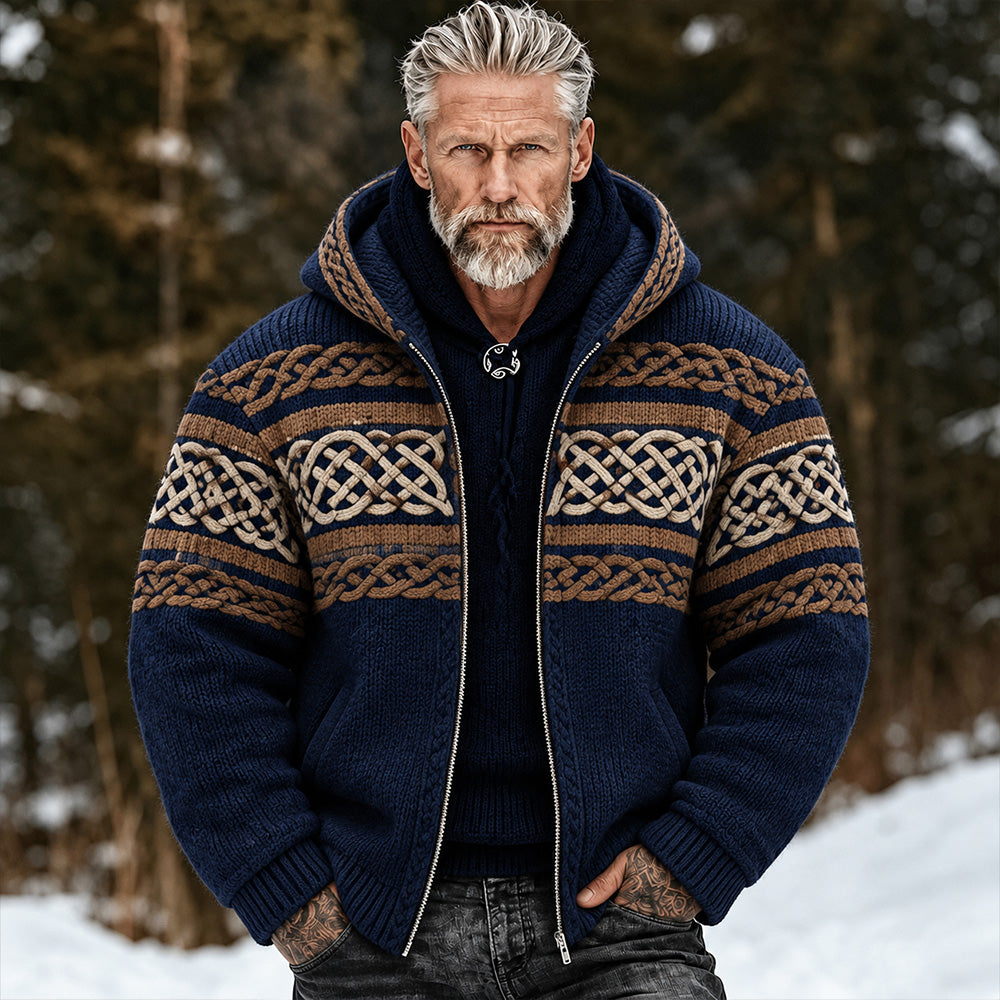 Men's Viking Celtic Knot Art Jacquard Warm Cardigan Zipper Hoodie Sweater