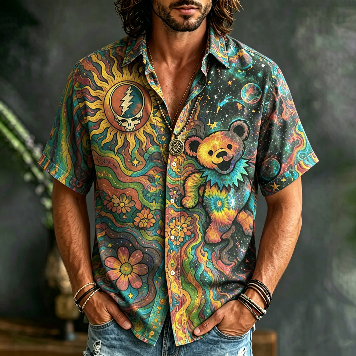 Men's Grateful Dead Dancing Bear Tie Dye Short Sleeve Button Shirt