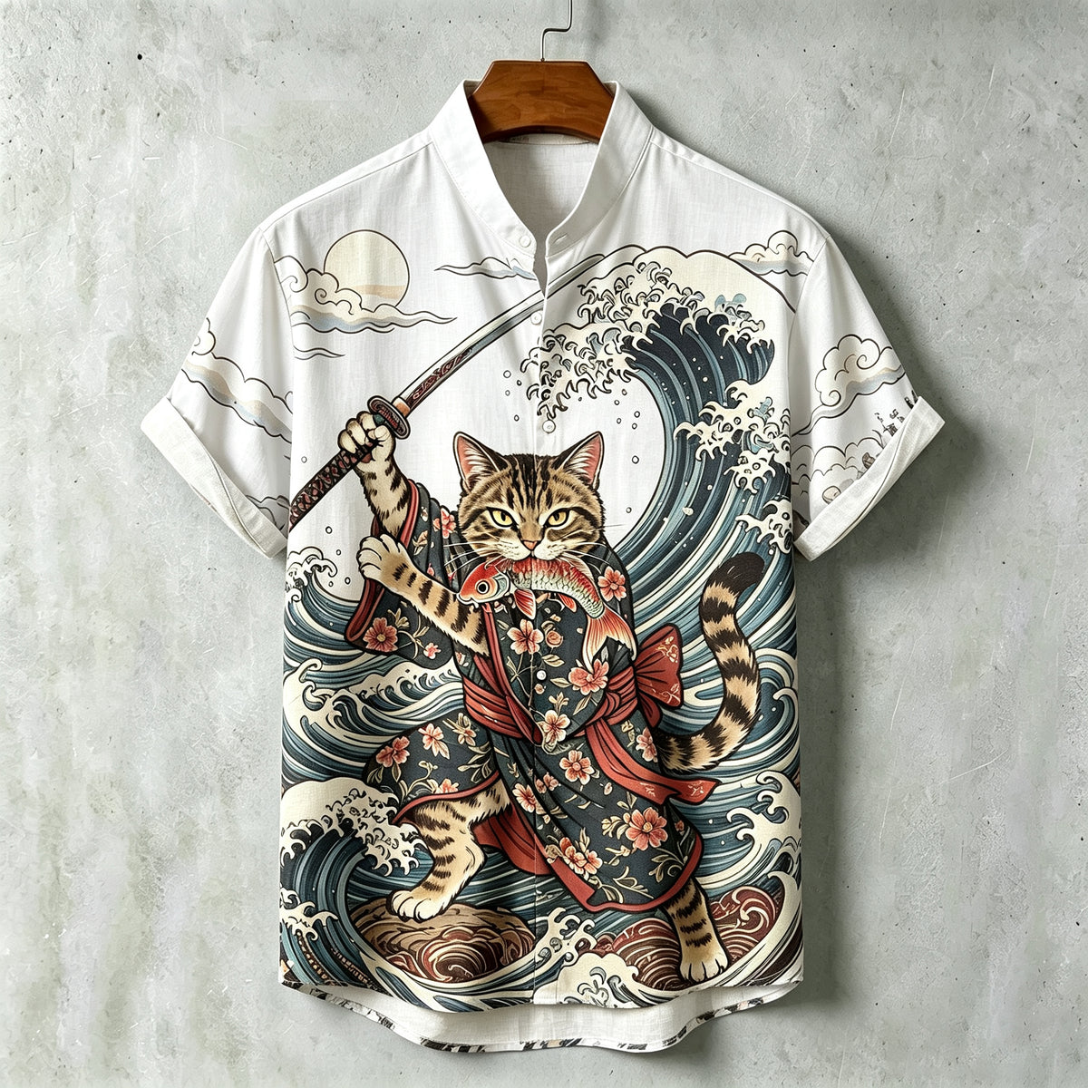 Men's Samurai Wave Print Short-sleeve Cotton Linen Shirt