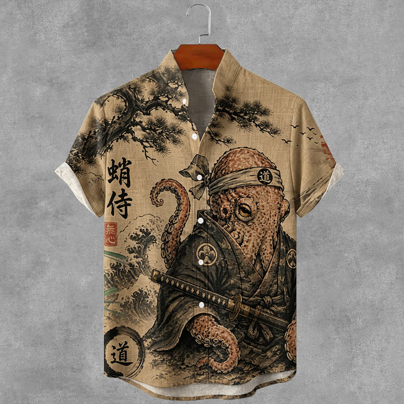 Vintage Japanese Ukiyo-e Art Print Button Casual Cotton Linen Shirt
