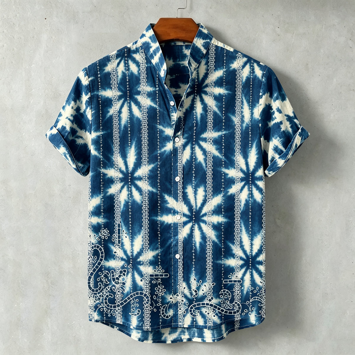 Men's Tie-dye Floral Print Short-sleeved Linen Shirt
