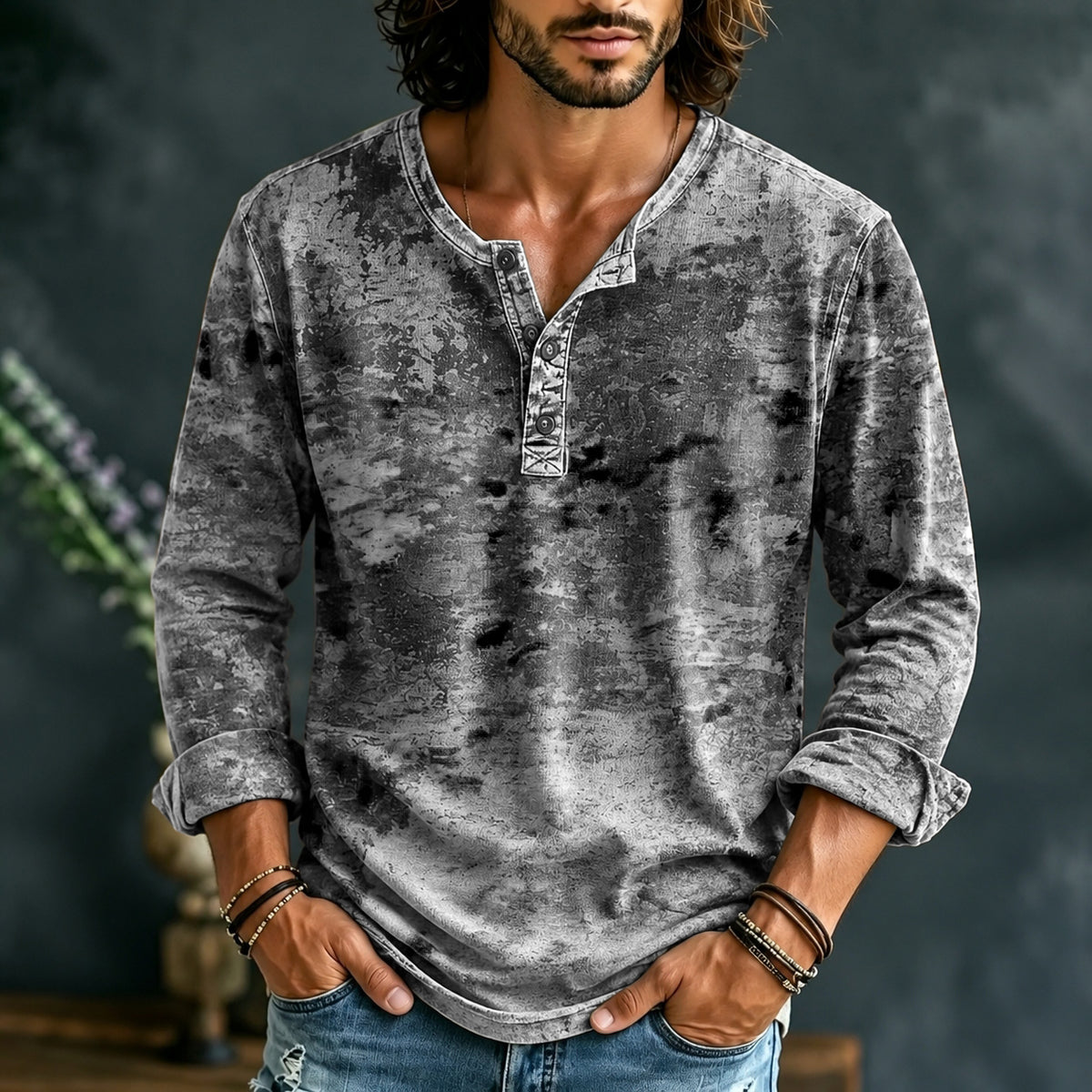 Men's Retro Ethnic Color Block Henley Neck T-shirt
