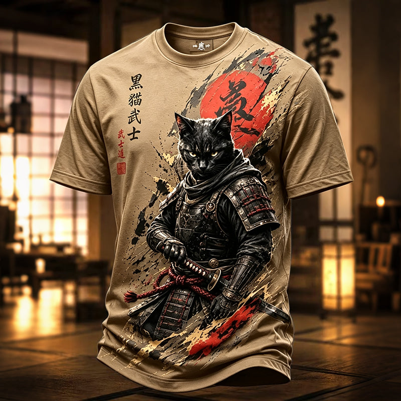 Men's Brave Black Cat Samurai Japanese Art Print T-shirt