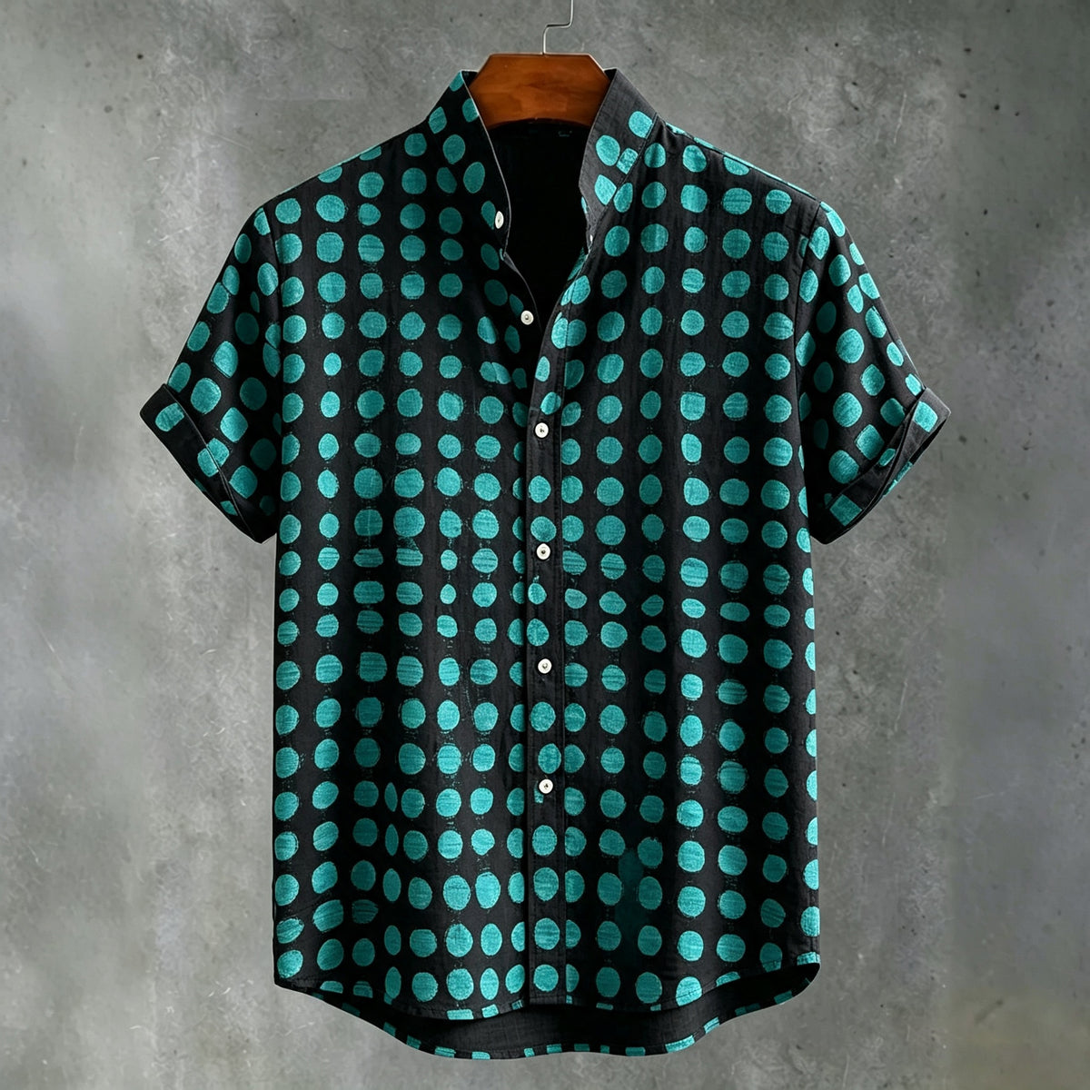Vacation Black Base Turquoise Polka Dot Art Print Men's Short Sleeve Button Up Shirt