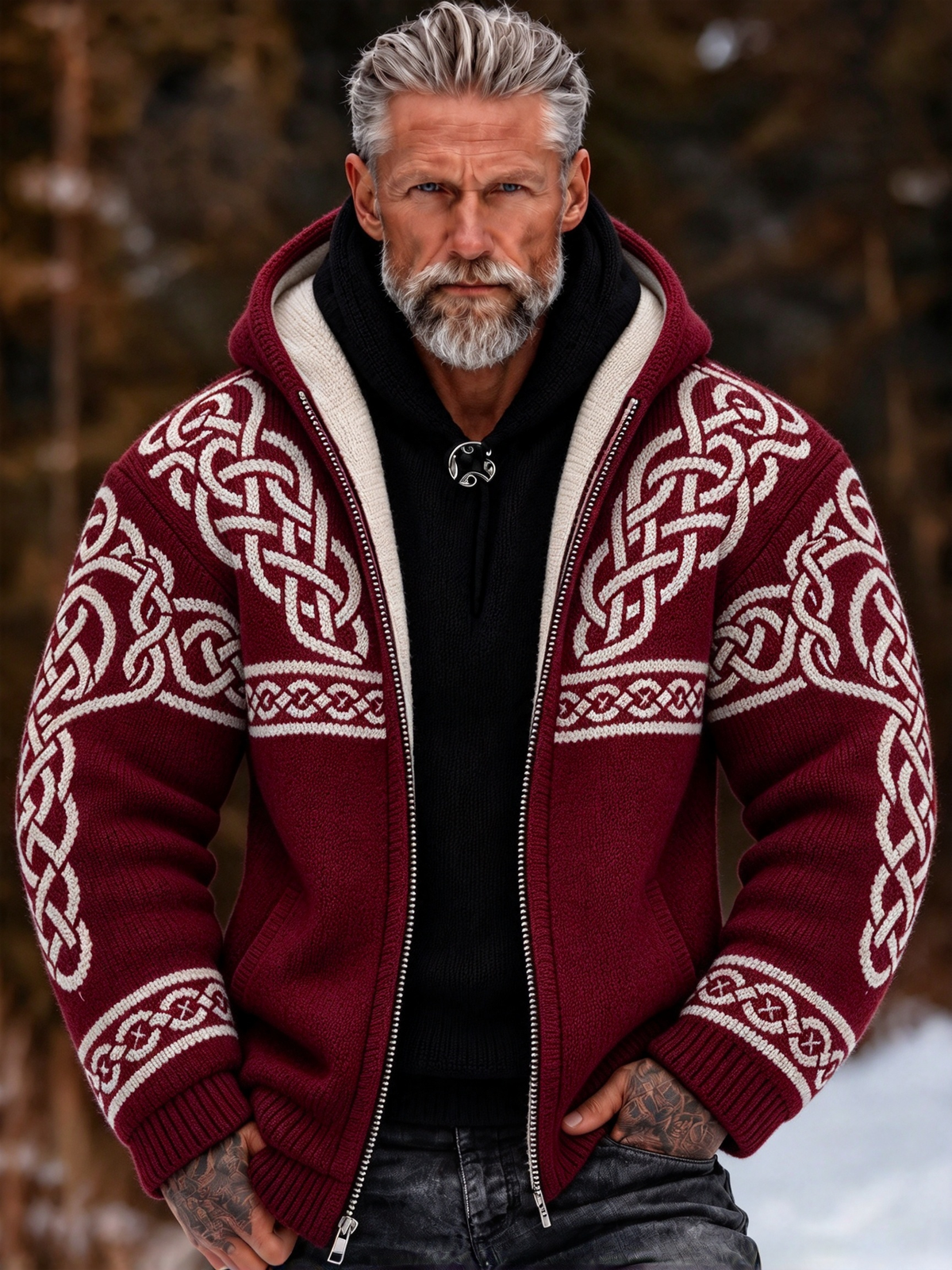 Men's Vintage Viking Celtic Knot Cozy Warm Knitted Jacquard Zipper Hooded Sweater