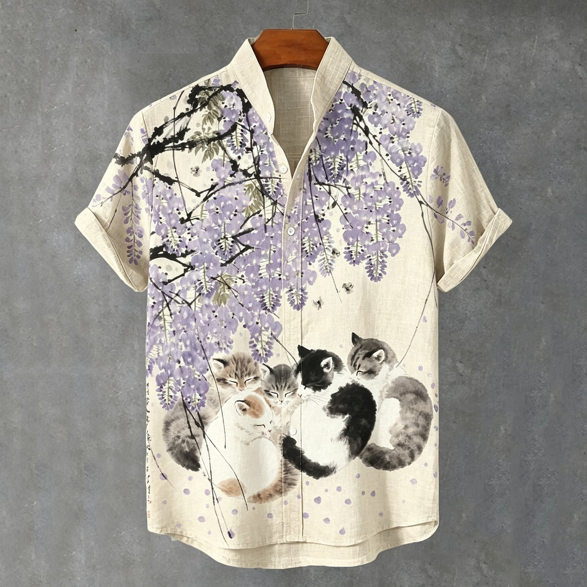 Men's Japanese Art Retro Floral Cat Print Cotton Linen Short-sleeve Shirt