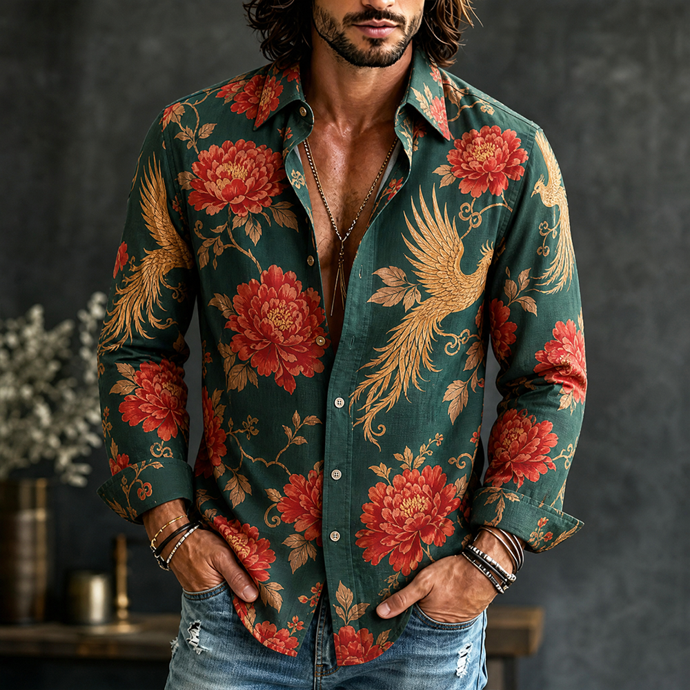 Men's Dark Green Vintage Peony And Golden Phoenix Print Long Sleeve Shirt