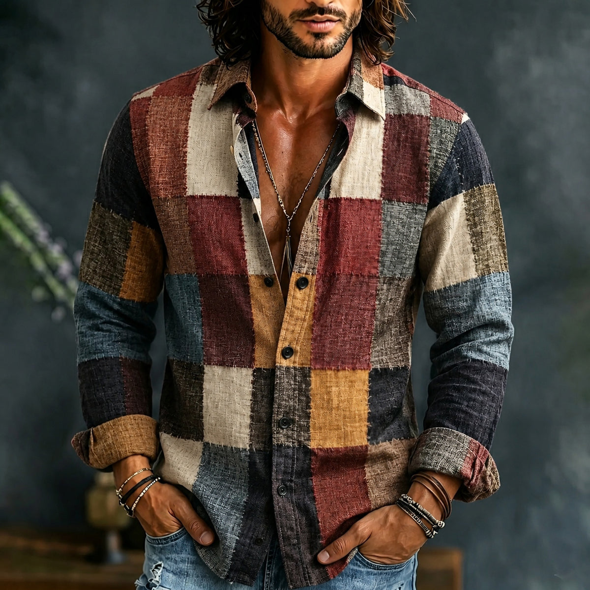 Men's Vintage Check Colorblock Printed Linen Blend Shirt