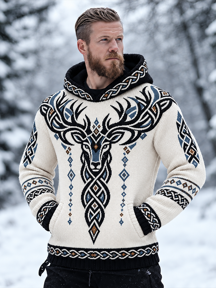 Men's Off-white Nordic Stag And Celtic Knotwork Hooded Knit Sweater