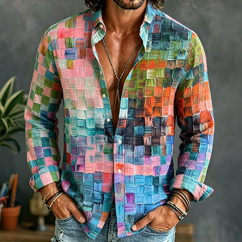 Vintage Oil Painting Style Lattice Art Print Casual Cotton Linen Shirt