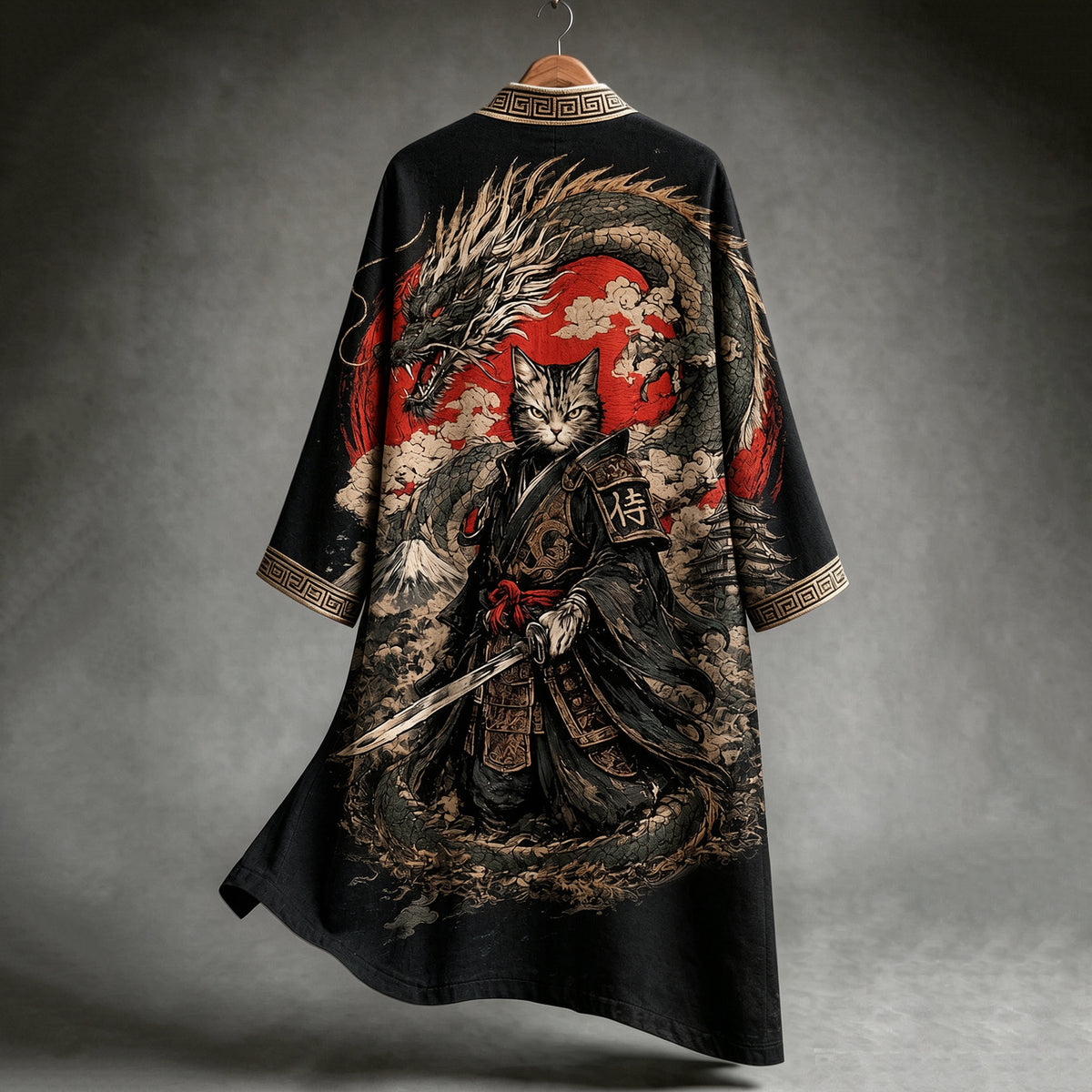 Japanese-style Linen Cardigan With Warrior Cat Print From Mount Fuji