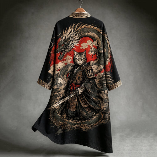 Japanese-style Linen Cardigan With Warrior Cat Print From Mount Fuji