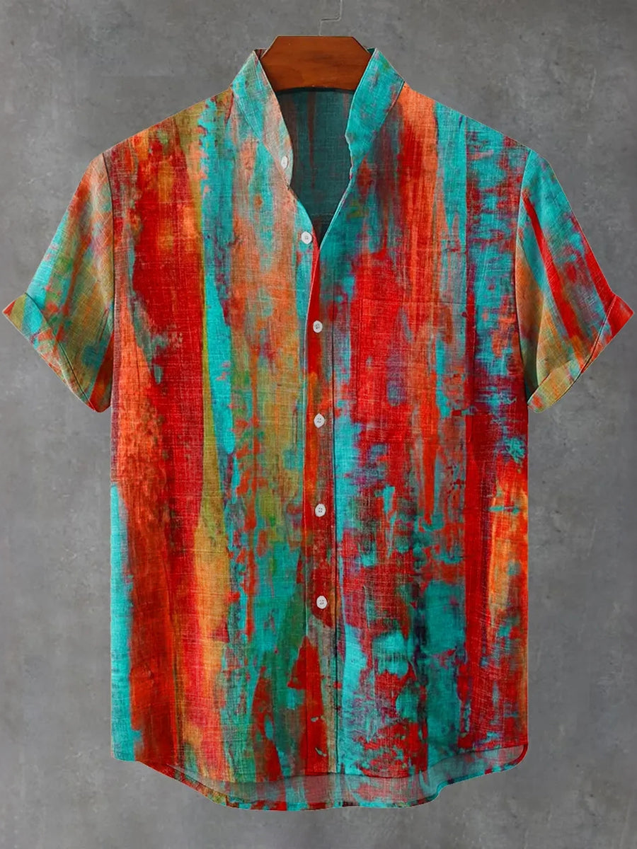 Men's Vintage Distressed Art Linen Blend Short-sleeve Shirt