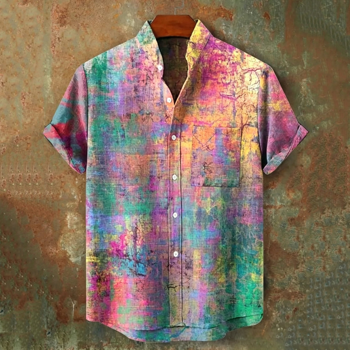 Vintage Rainbow Mottled Art Cat Print Casual Cotton Shirt
