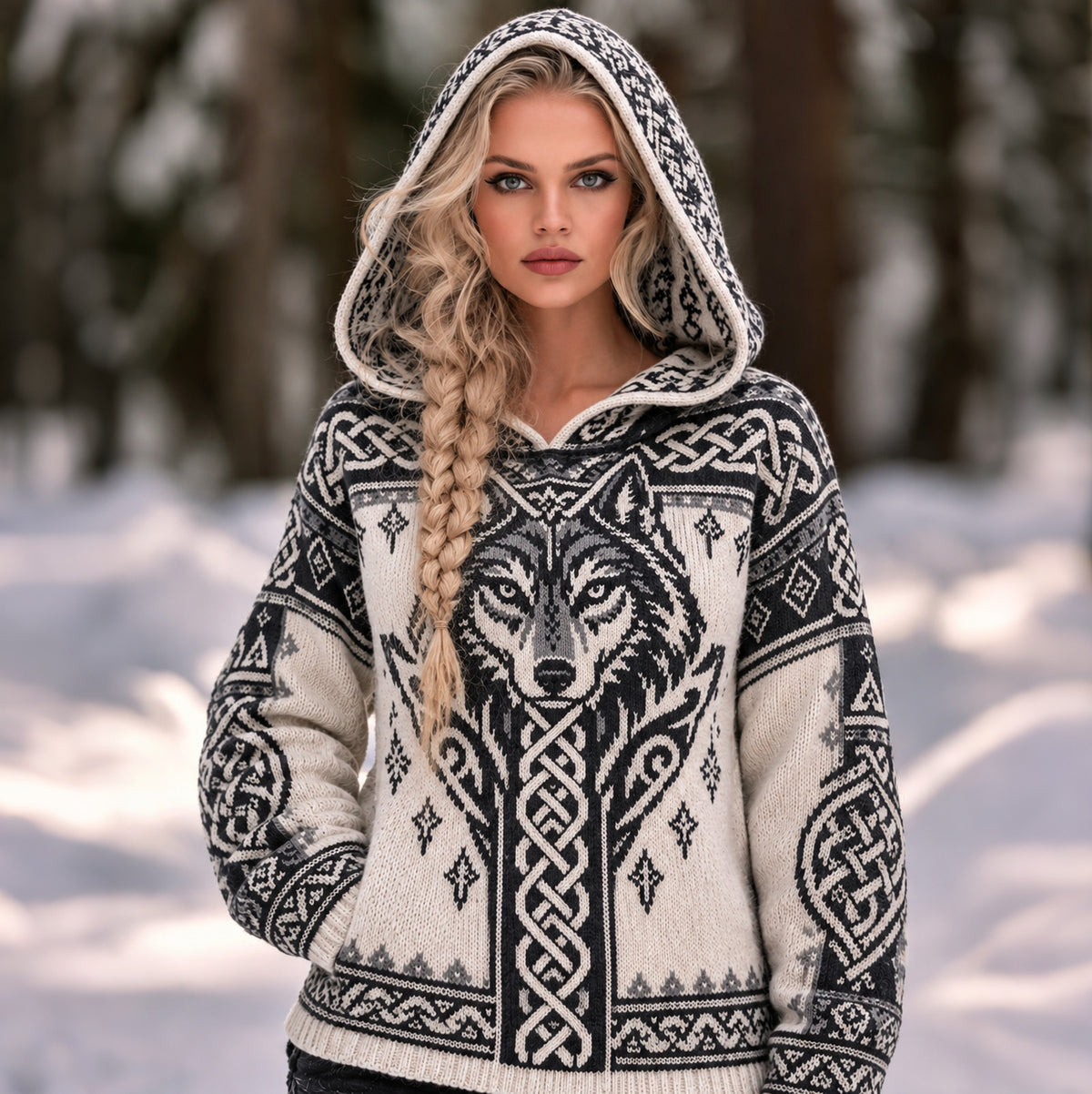Women's Viking Wolf Art Knit Cozy Knit Hooded