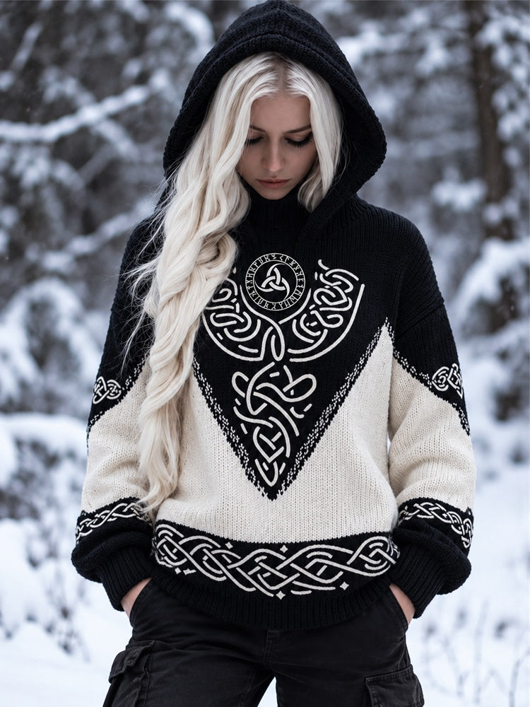 Women's Retro Viking Nordic Colorblock Knot Print Hoodie Sweater