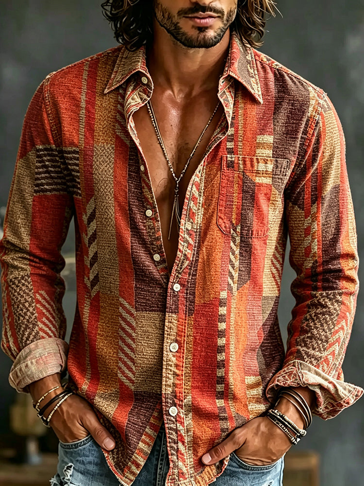 Men's Retro Geometric Art Print Linen Blend Long-sleeve Shirt