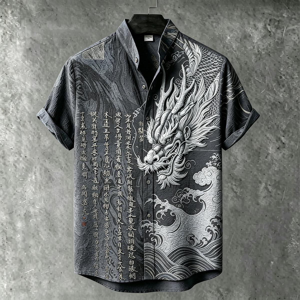 Men's Retro Japanese Art Dragon And Calligraphy Embroidered Print Short-sleeve Shirt