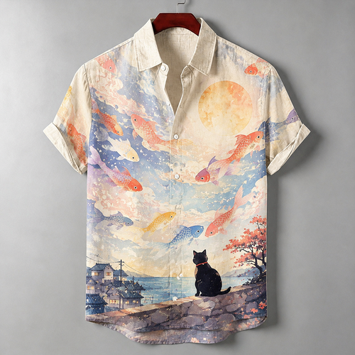 Men's Casual Short Sleeve Button-down Shirt With Watercolor Koi Fish, Moon, And Coastal Town Landscape