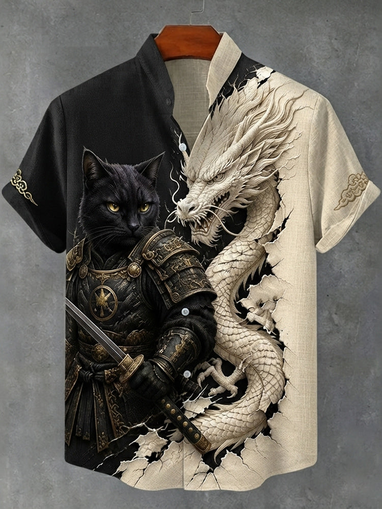 Herren Vintage Schwarz Katze Krieger Und Weißer Drache Japanische Kunst Druck Leinenmischung Lässiges Hemd
