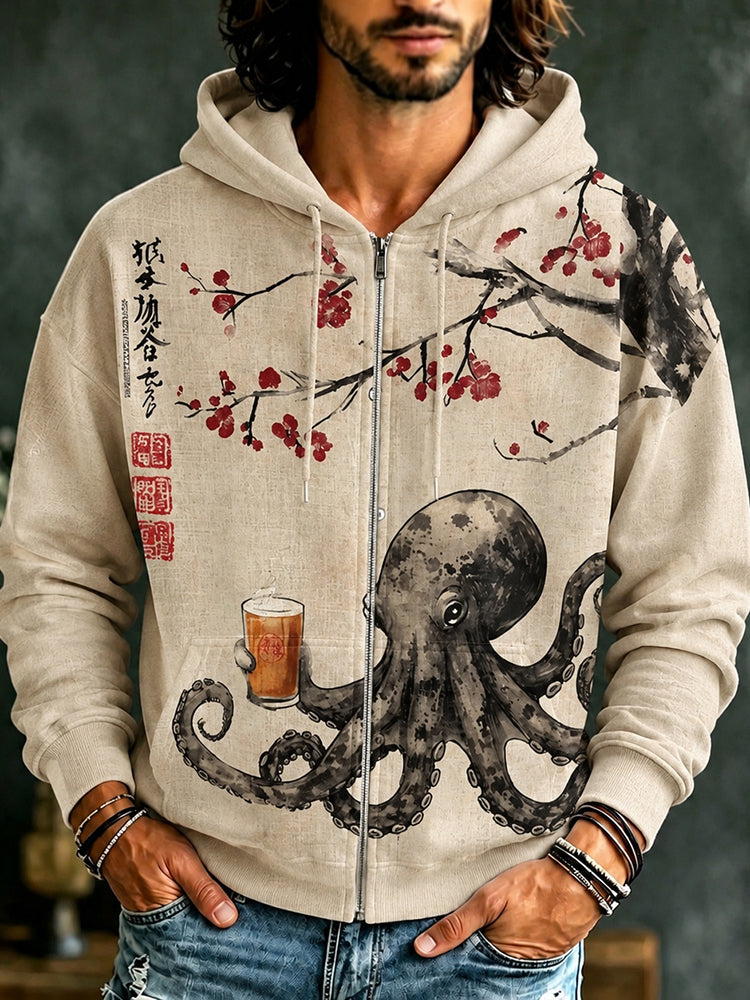 Men's Octopus Drinking Tea Under The Cherry Tree Art Print Casual Zip Up Hoodie