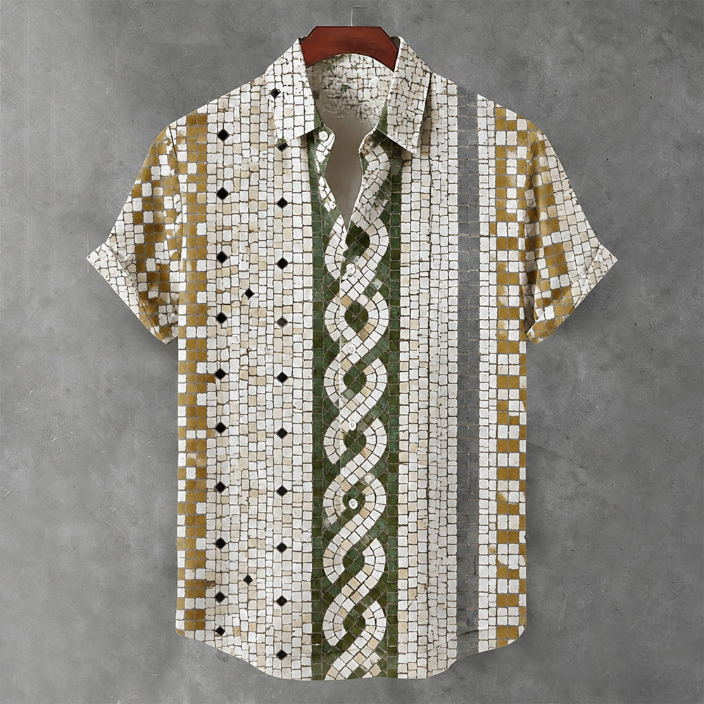 Vintage Japanese Geometric Pattern Art Print Cotton And Linen Short-sleeved Shirt