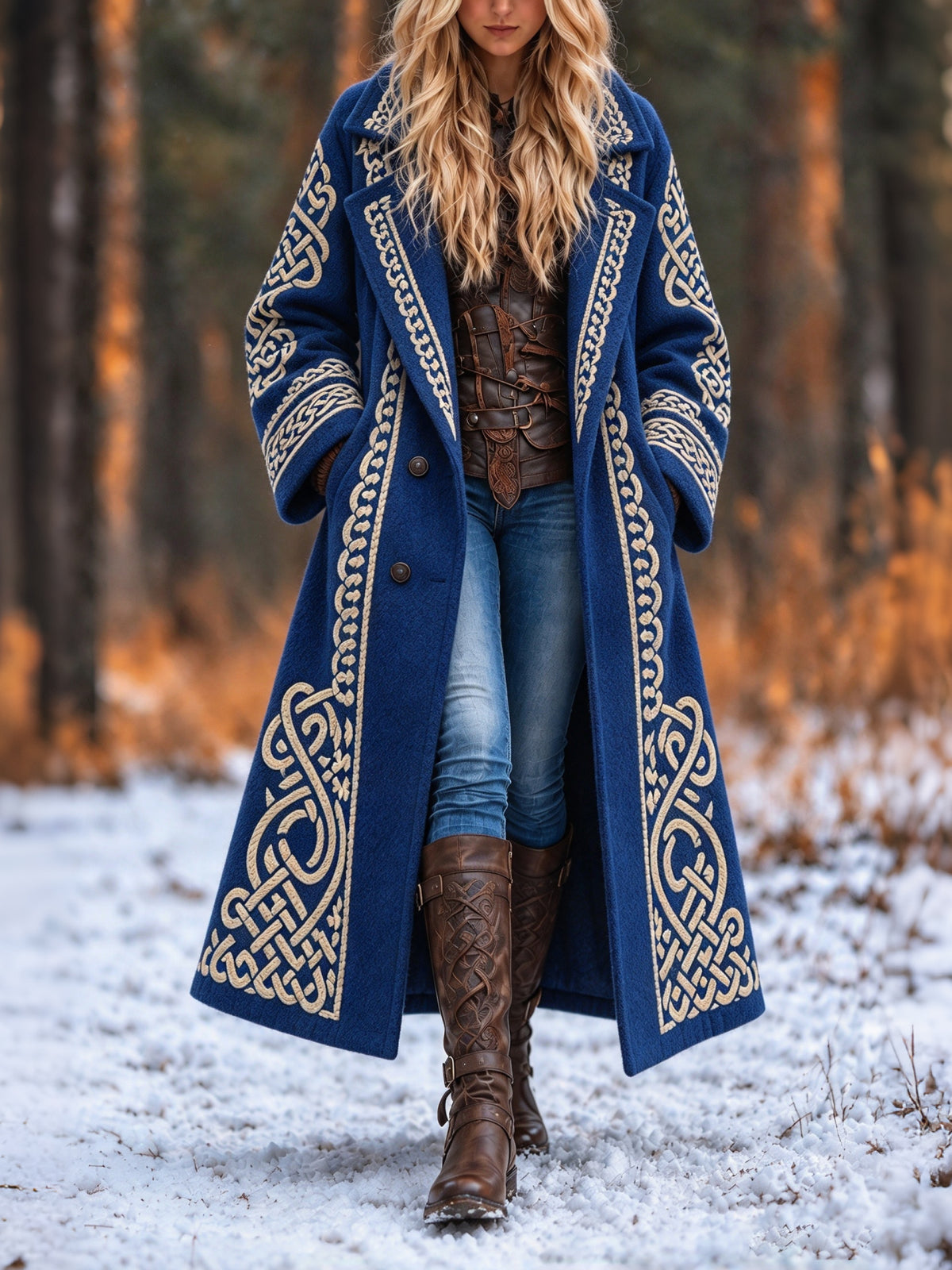 Women's Vintage Viking Celtic Knot Art Long Wool Coat