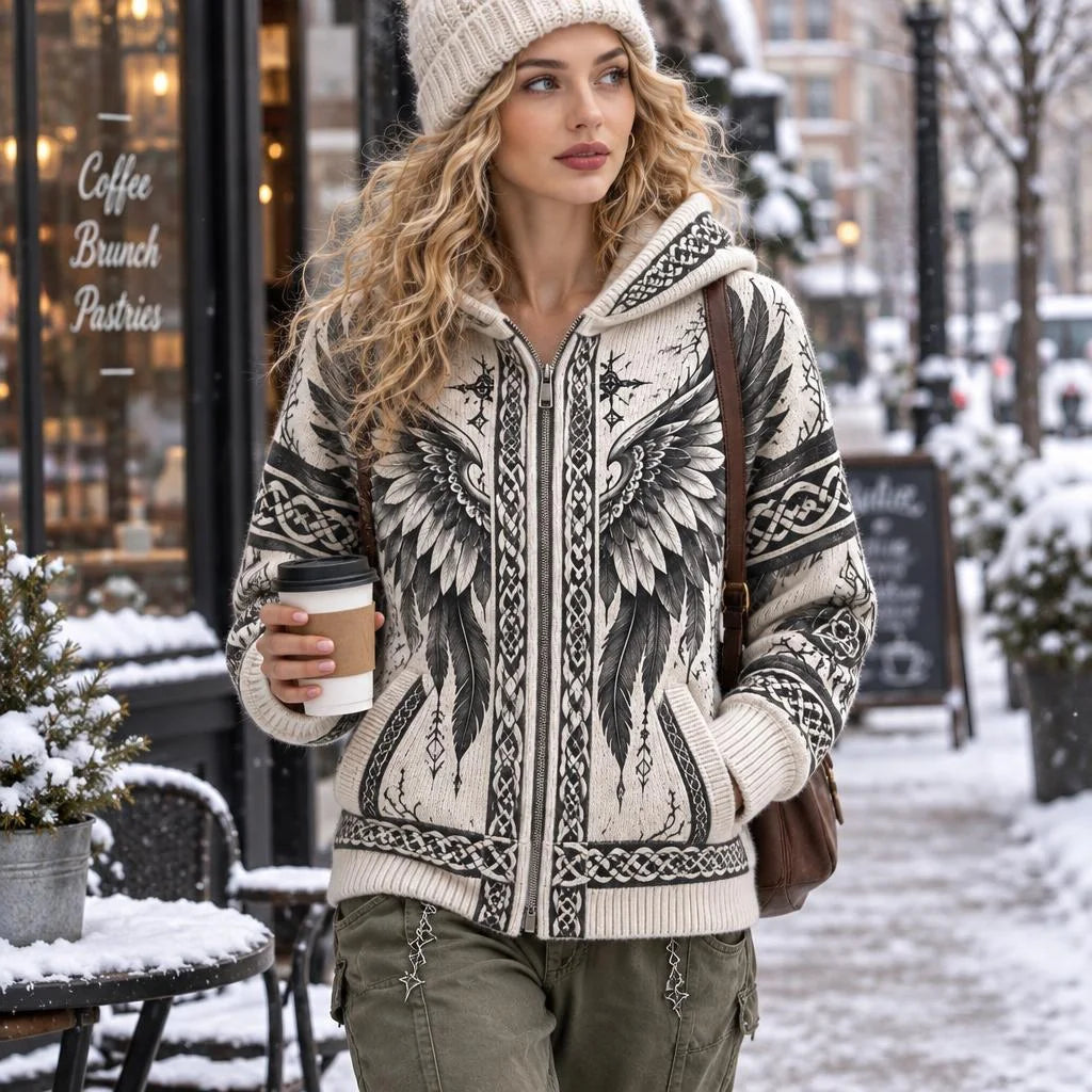 Women's Gothic Feather Wings & Celtic Knot Print Relaxed Fit Full Zip Hooded Knit Cardigan