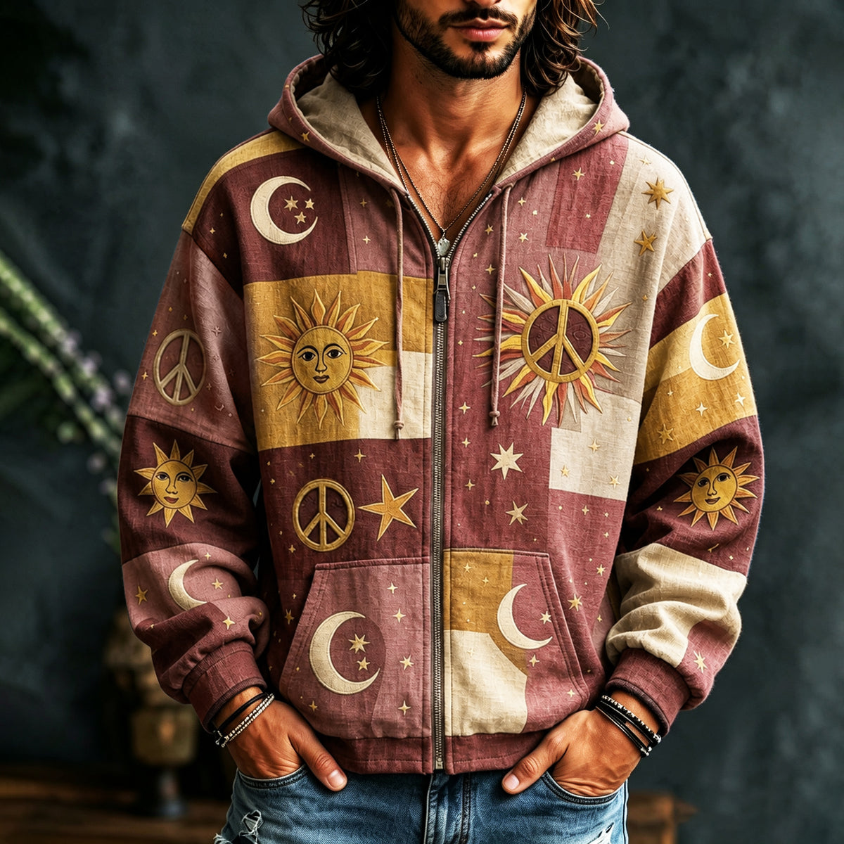 Men's Vintage Sun Moon Star Peace Sign Patchwork Art Cozy Warm Zipper Hoodie