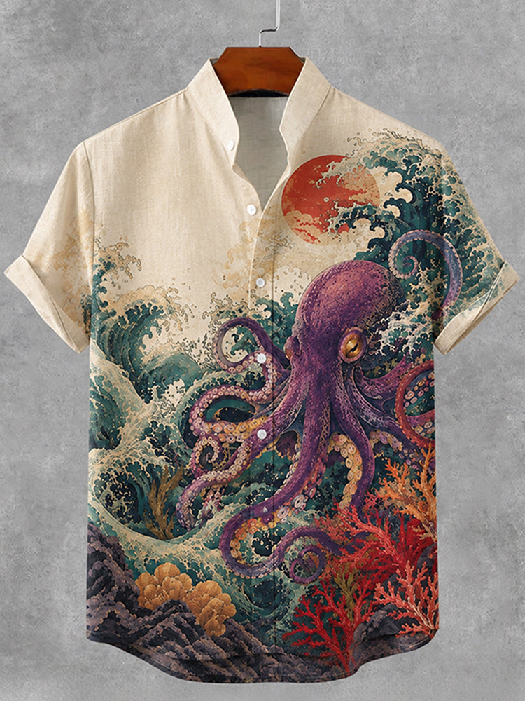 Men's Vintage Japanese Octopus Art Button Casual Cotton Linen Shirt
