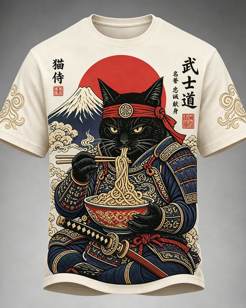 Men's Black Cat Samurai Eats Ramen Print Casual T-shirt