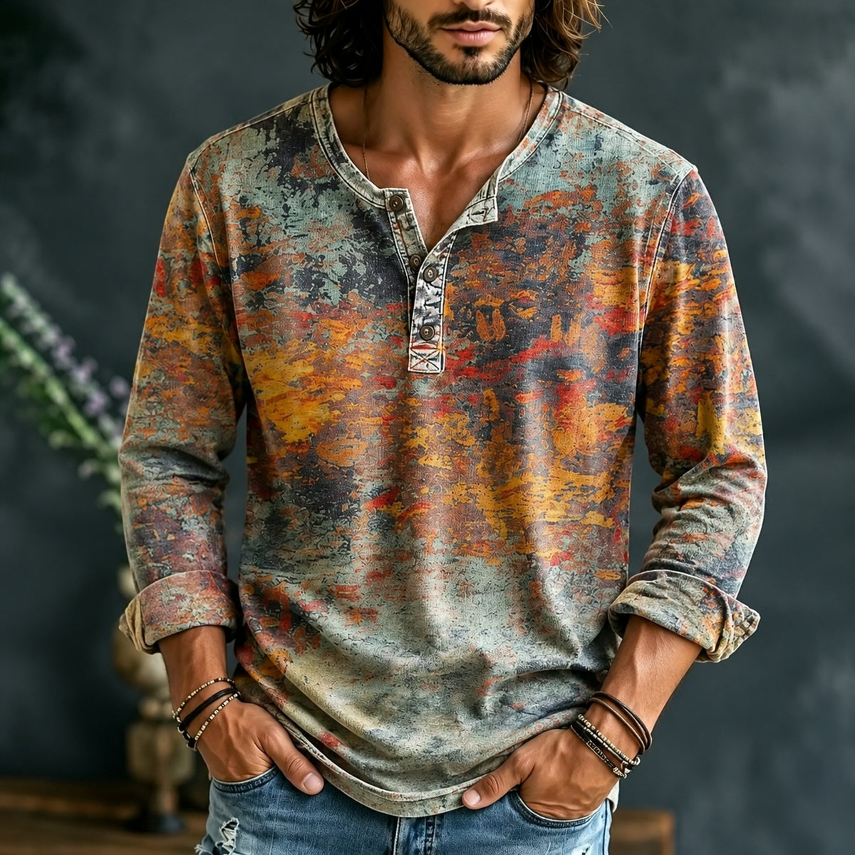 Men's Retro Ethnic Color Block Henley Neck T-shirt