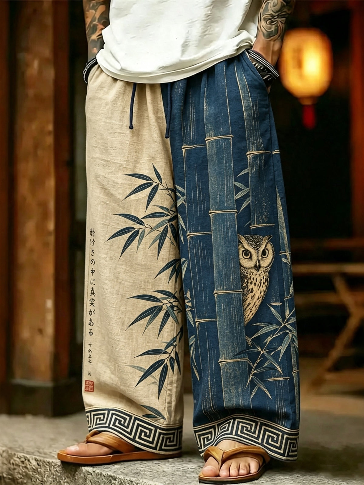 Men's Vintage Japanese Bamboo Forest Owl Art Print Casual Pants