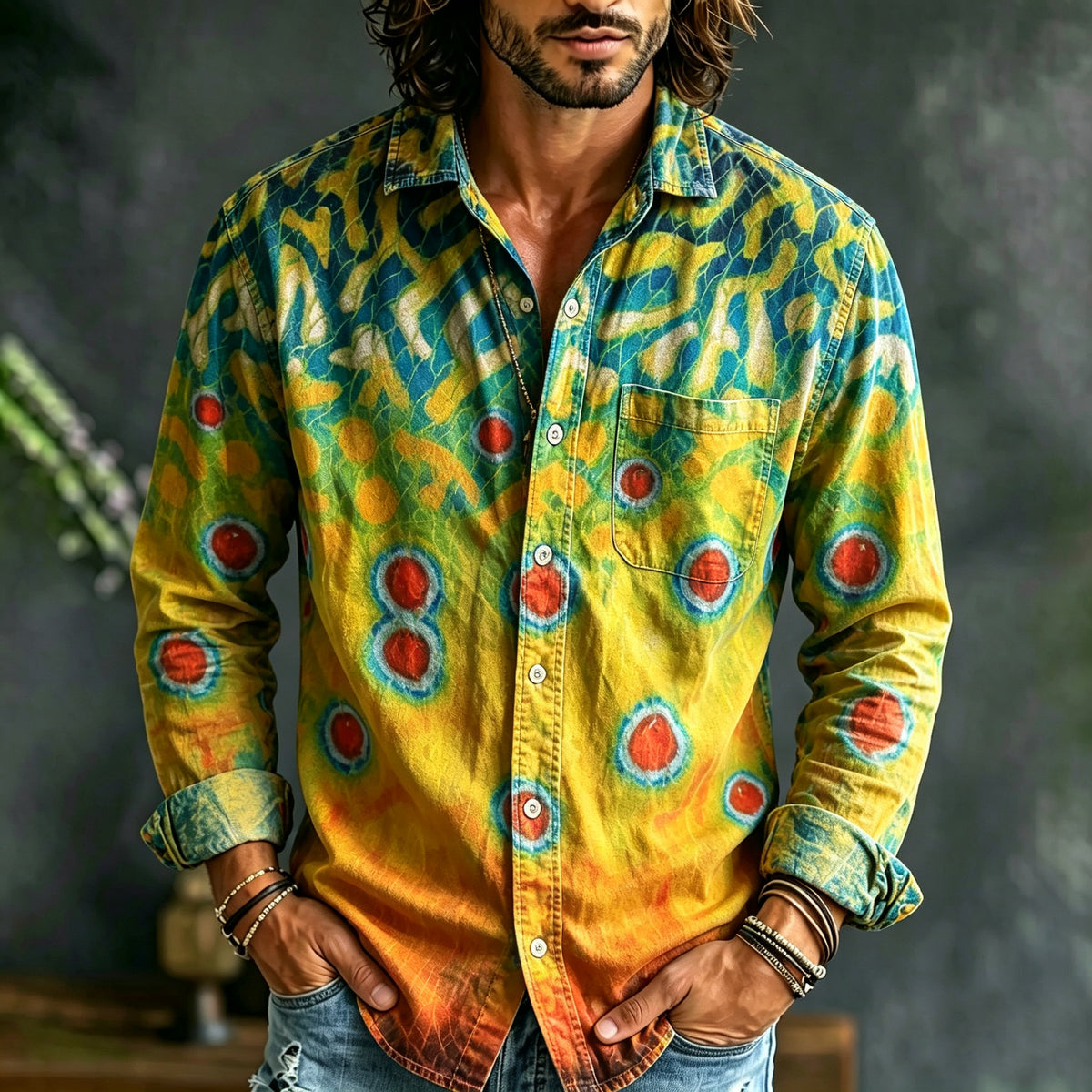 Men's Retro Color Block Ethnic Print Long-sleeve Cotton Linen Shirt