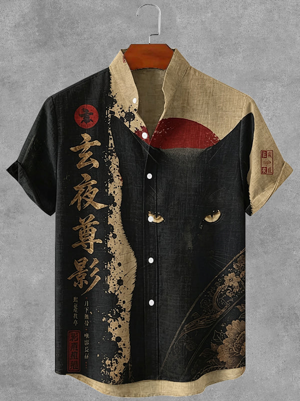 Vintage Japanese Black Cat Art Print Button Casual Cotton Linen Shirt