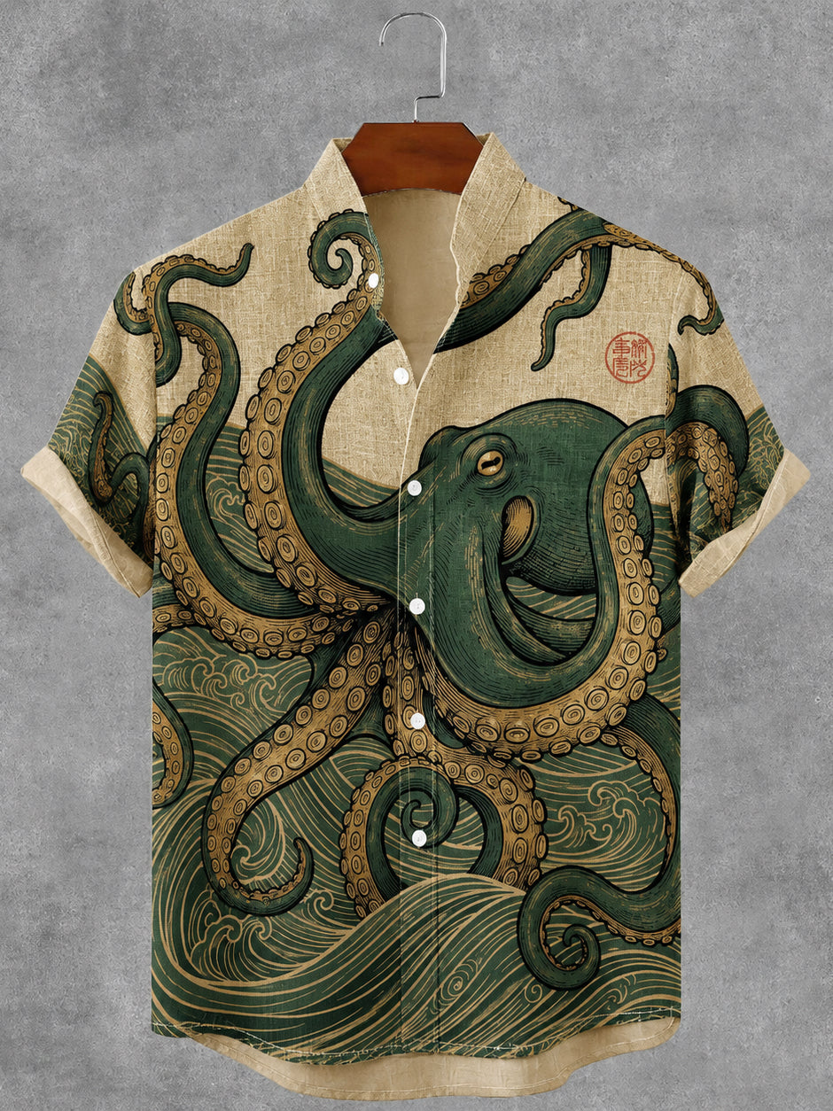 Men's Vintage Japanese Octopus Art Print Short Sleeve Shirt