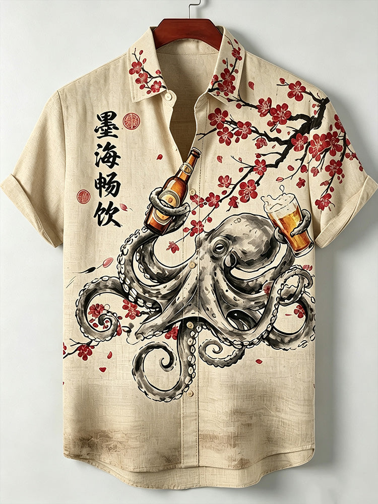 Men's Japanese Cherry Blossom And Octopus Drinking Art Pattern Casual Linen Shirt