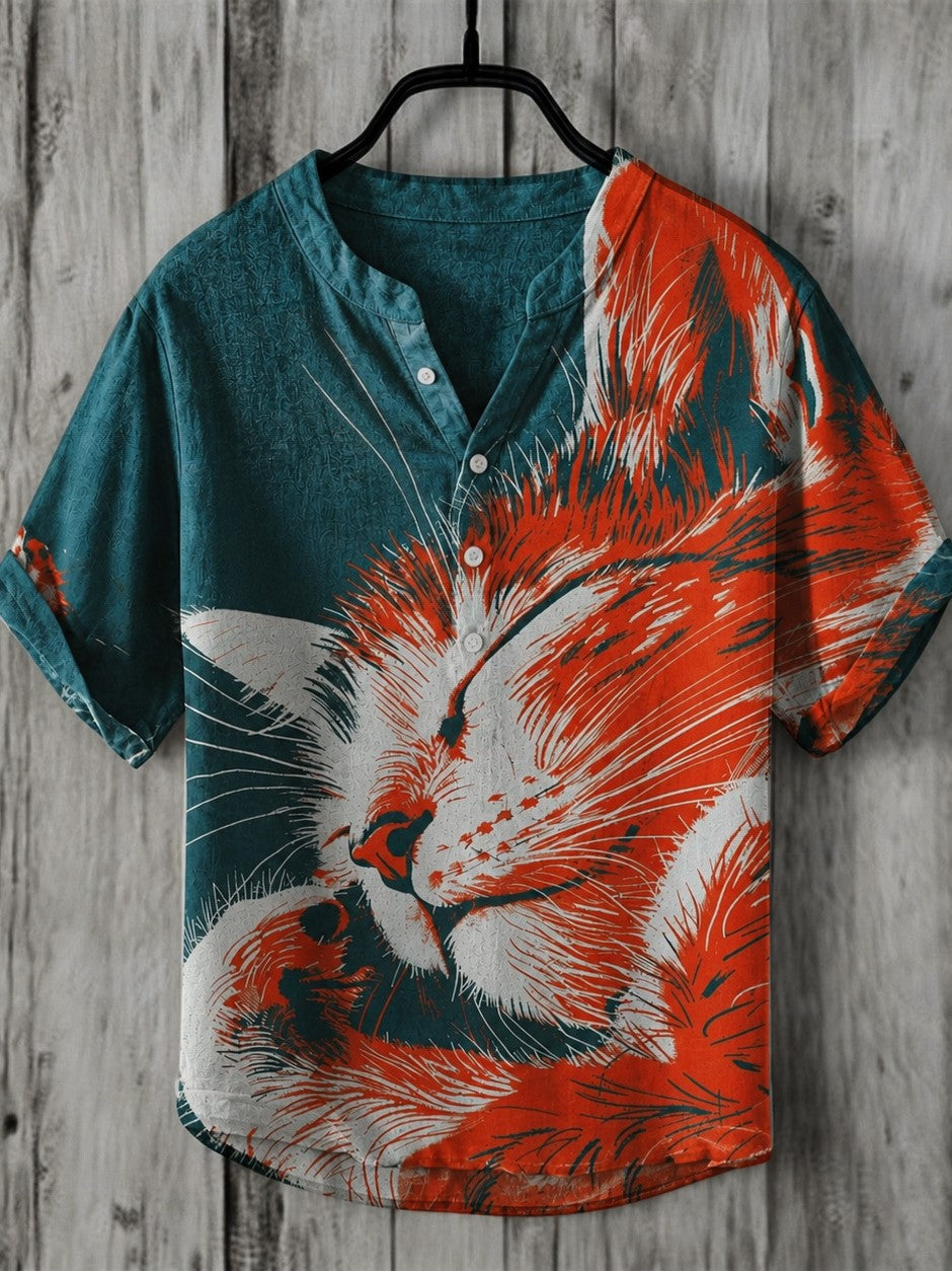 Men's Retro Cat Print Cotton Linen Shirt