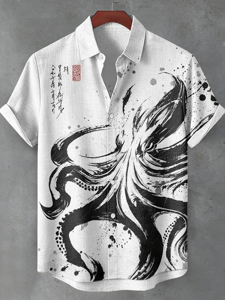 Men's Retro Japanese Octopus And Calligraphy Ink Art Pattern Casual Shirt