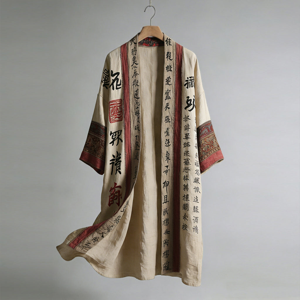 Herren Retro Kalligrafie und Malerei Kunst Leinen Langer Kimono