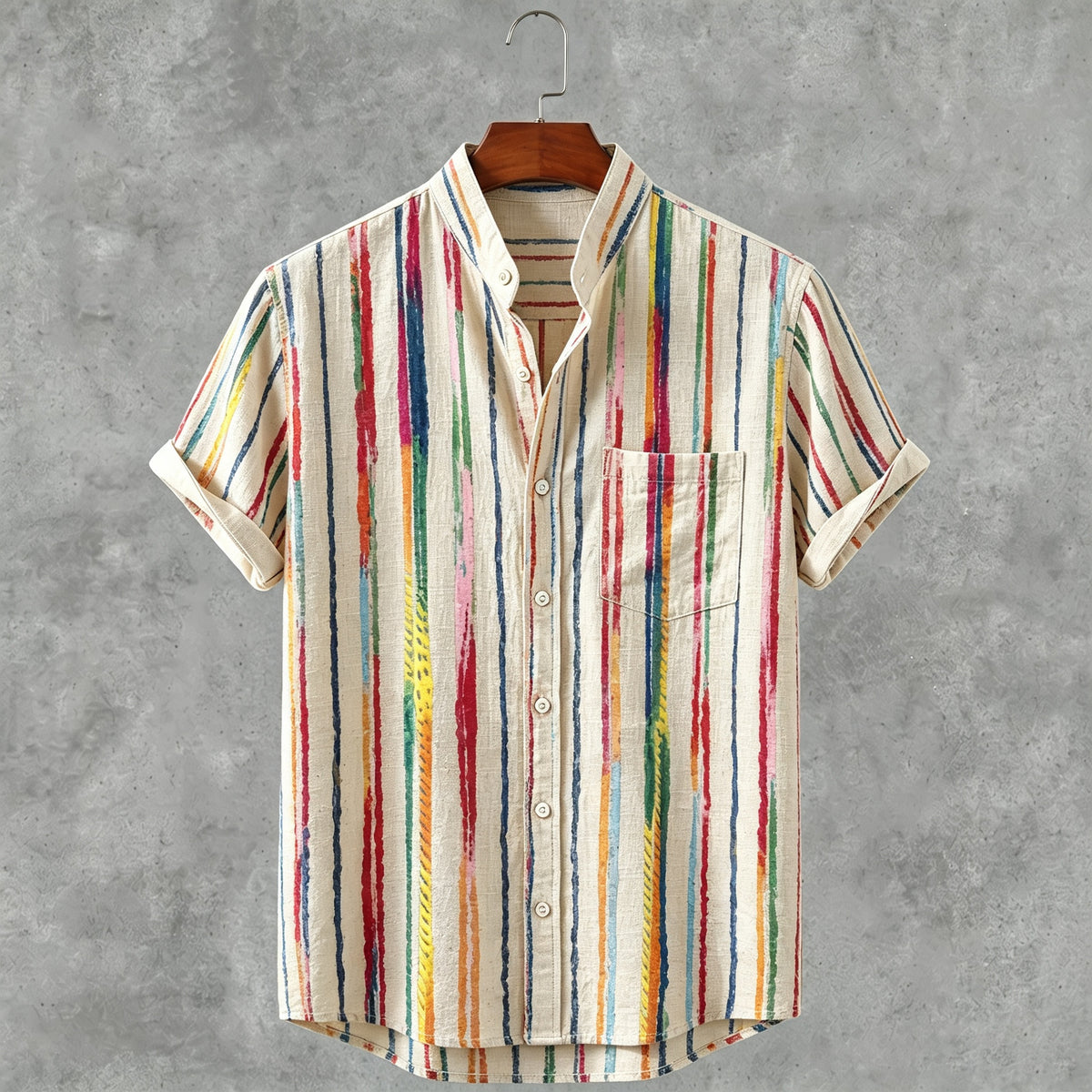 Men's Retro Colorful Graffiti Stripes Print Cotton Linen Short-sleeve Shirt